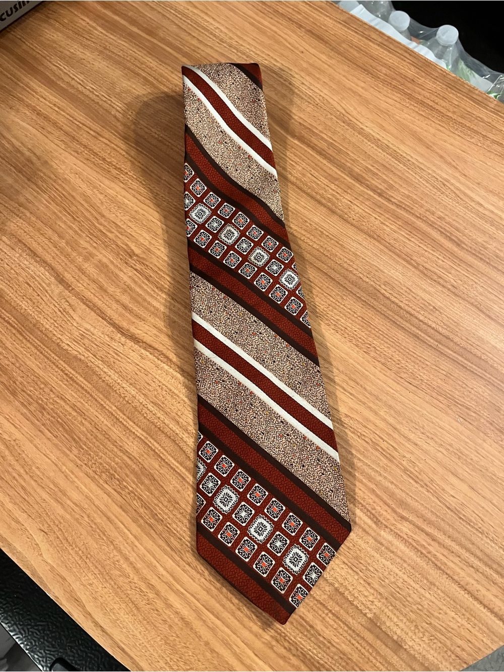 Vintage 70’s Men's Rust and Brown Striped Geometric Tie